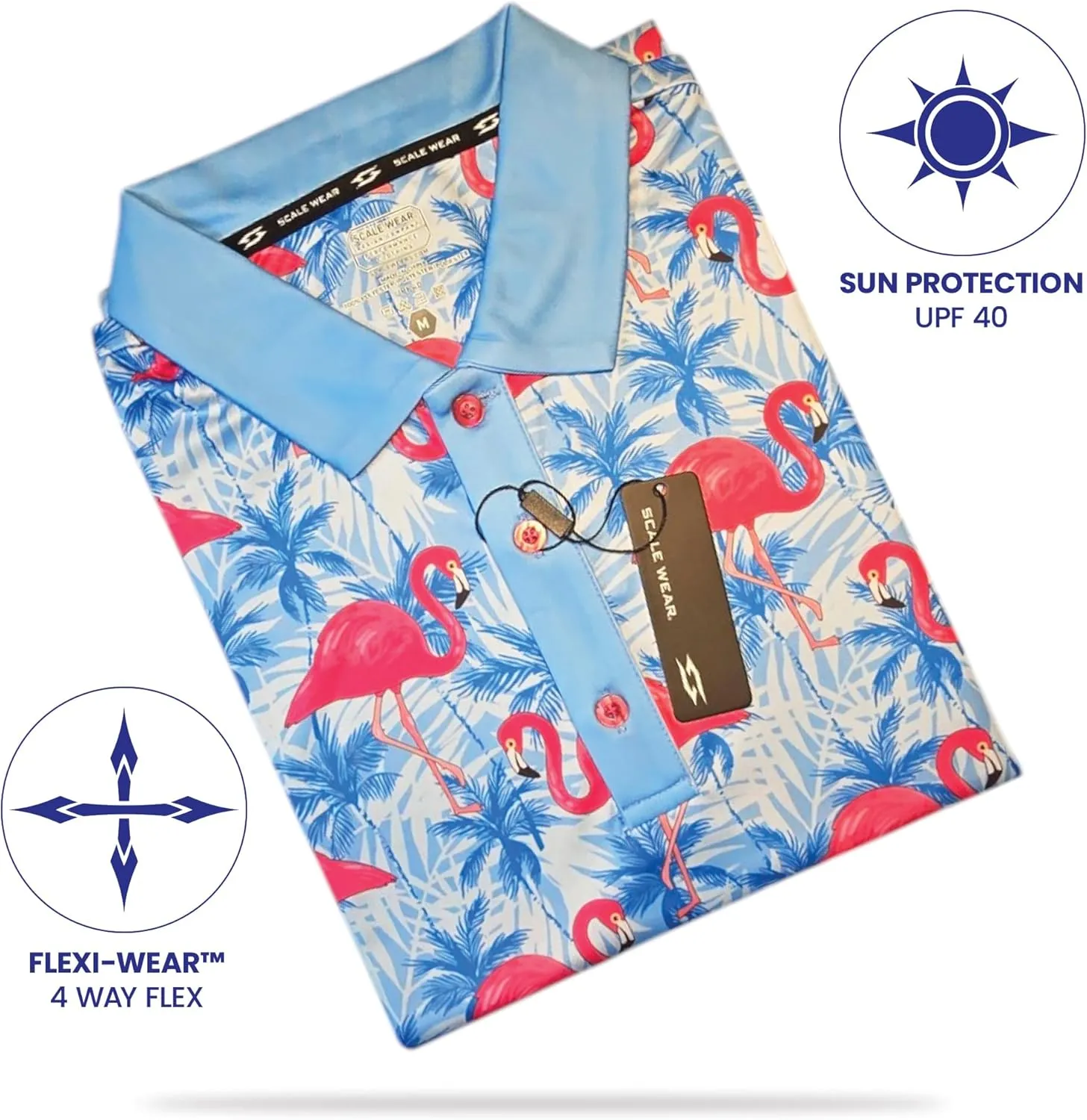 Tropical Hawaiian Golf Polo Shirt  Men Sizes S Thru 5XL Performance Moisture Wicking Dri Fit Flamingo Resort Wear Pickleball