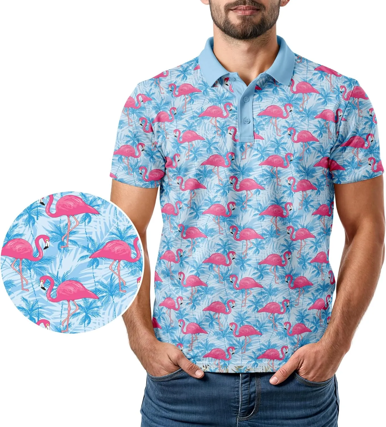 Tropical Hawaiian Golf Polo Shirt  Men Sizes S Thru 5XL Performance Moisture Wicking Dri Fit Flamingo Resort Wear Pickleball
