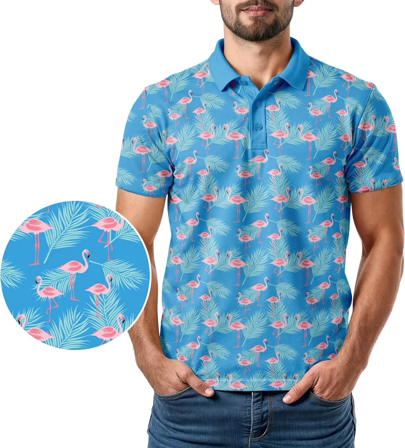 Tropical Hawaiian Golf Polo Shirt  Men Sizes S Thru 5XL Performance Moisture Wicking Dri Fit Flamingo Resort Wear Pickleball