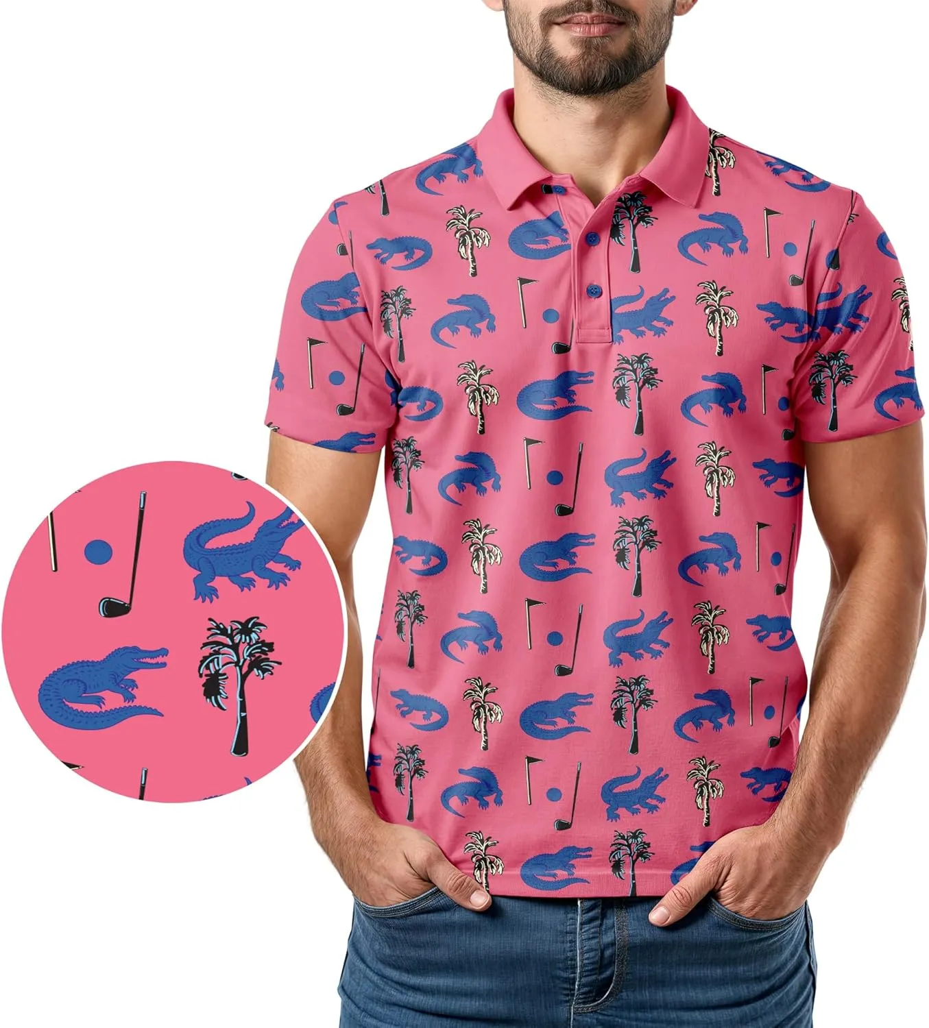 Tropical Hawaiian Golf Polo Shirt  Men Sizes S Thru 5XL Performance Moisture Wicking Dri Fit Flamingo Resort Wear Pickleball