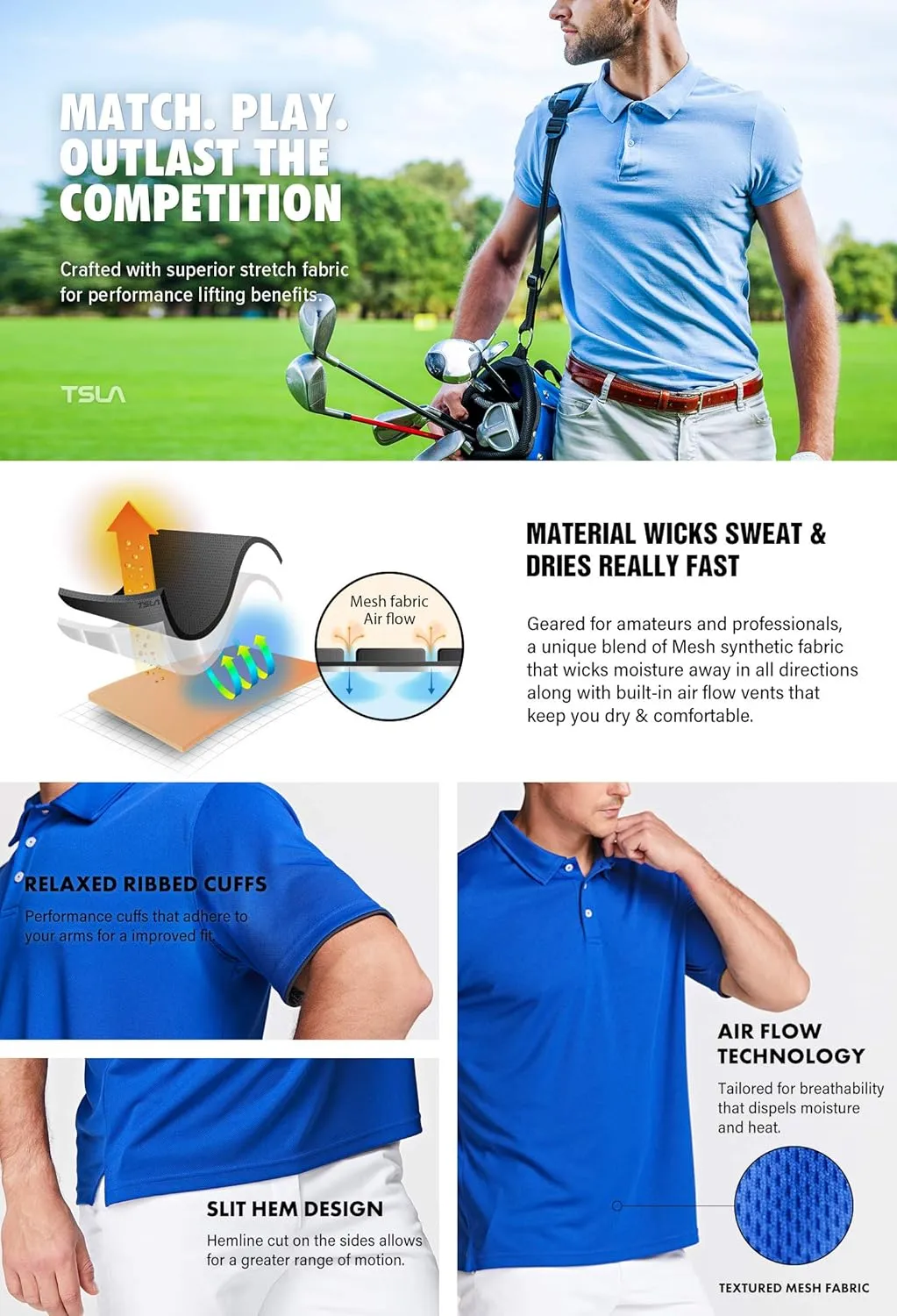 TSLA Men's Short Sleeve Polo Shirts, Regular fit Quick Dry Golf Shirts, Sports Performance Dri Flex Tech Solid Top Shirts