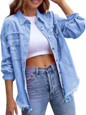 VESNIBA 2024 Jean Jackets for Women Fashion Oversized Button Down Denim Jacket Western Fall Shacket Jacket with