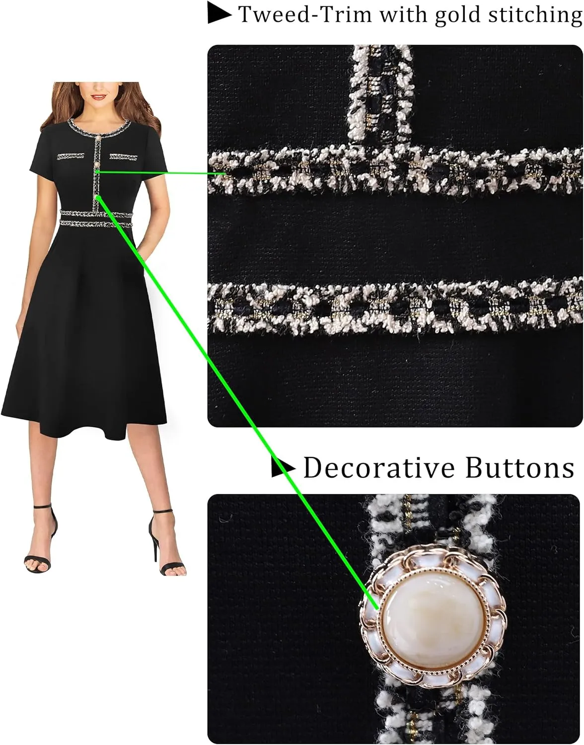 VFSHOW Womens Button Pockets Slim Wear to Work Office Business Party Patchwork A-Line Dress