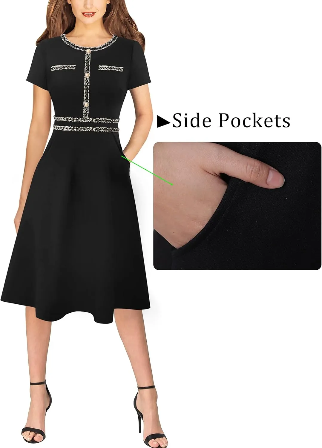 VFSHOW Womens Button Pockets Slim Wear to Work Office Business Party Patchwork A-Line Dress