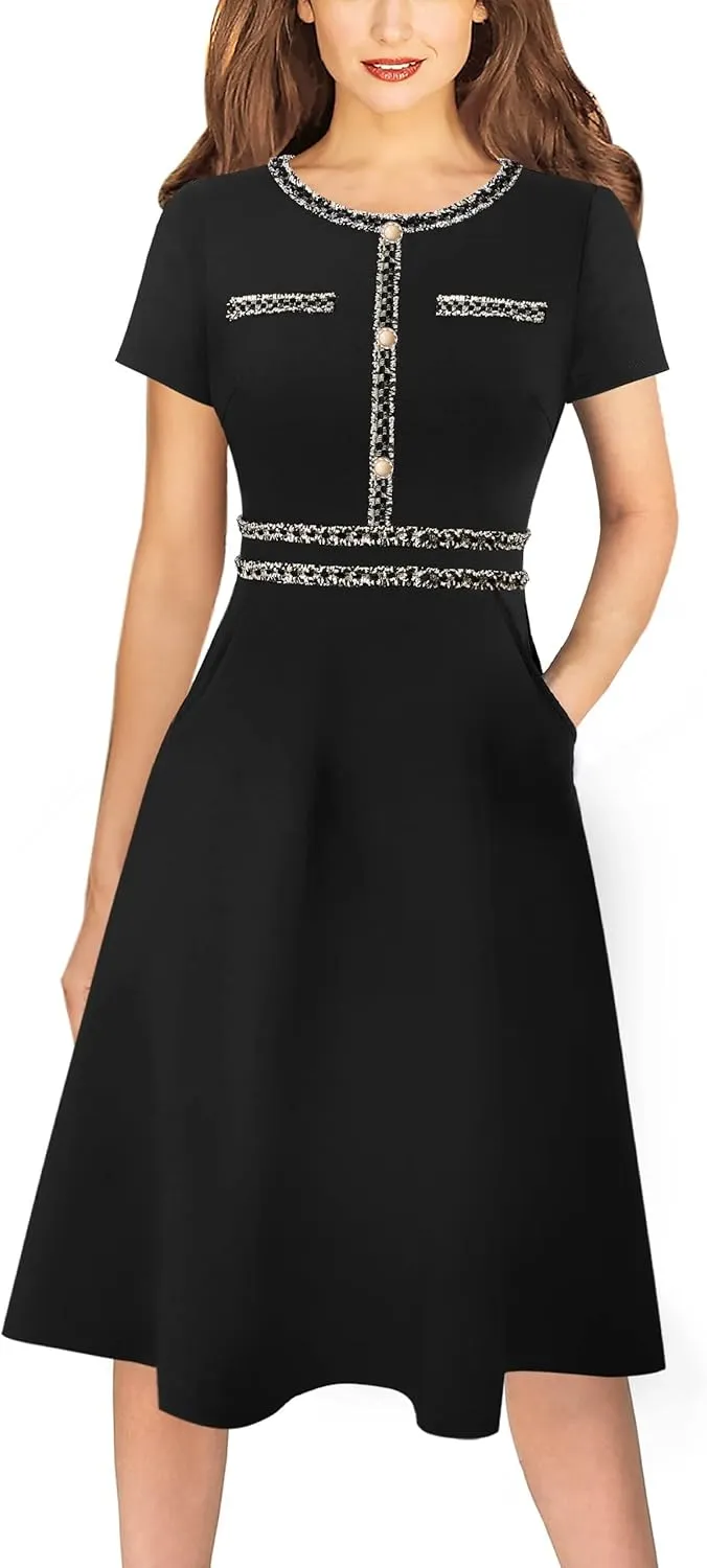 VFSHOW Womens Button Pockets Slim Wear to Work Office Business Party Patchwork A-Line Dress