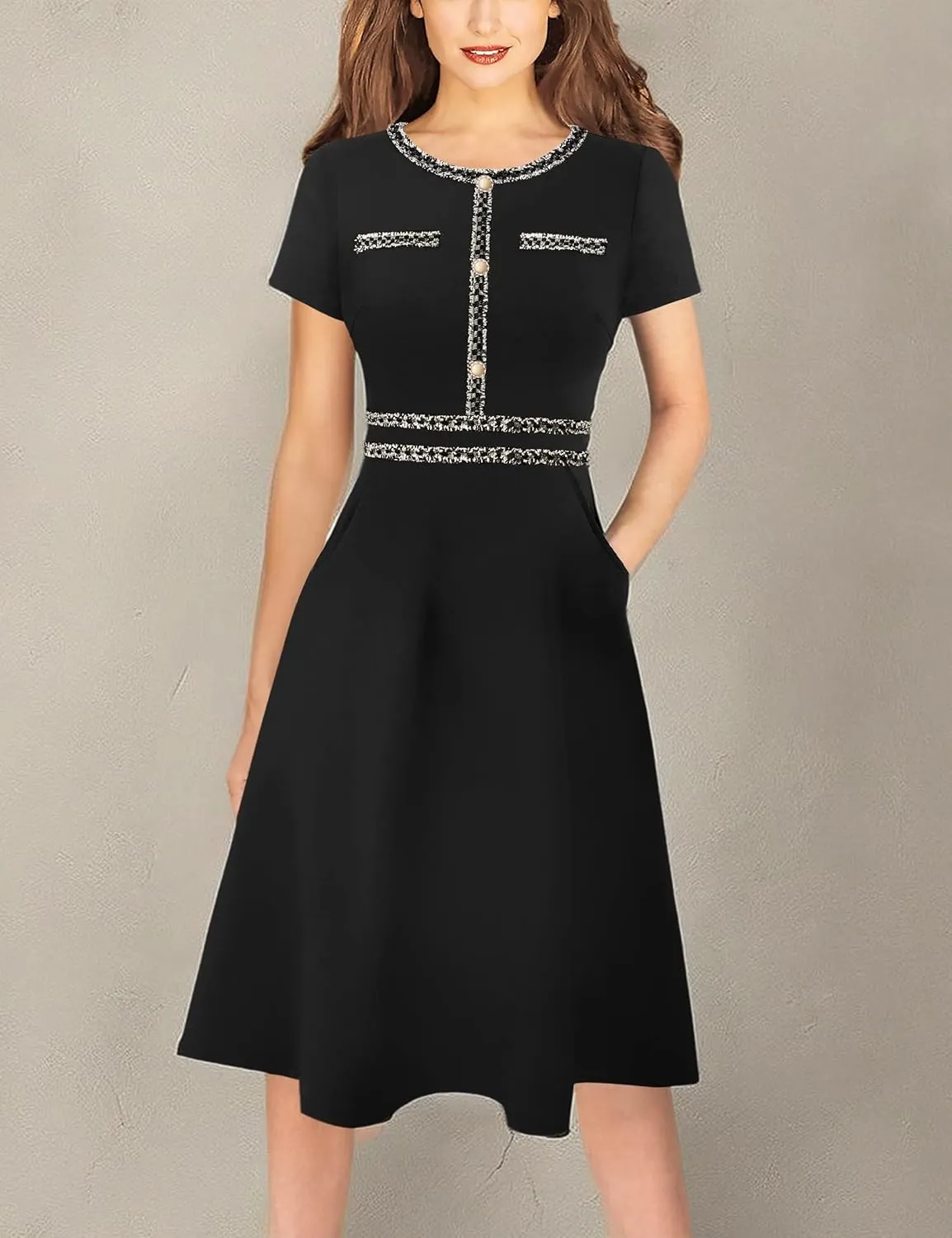 VFSHOW Womens Button Pockets Slim Wear to Work Office Business Party Patchwork A-Line Dress