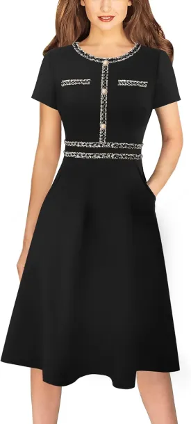 VFSHOW Womens Button Pockets Slim Wear to Work Office Business Party Patchwork A-Line Dress