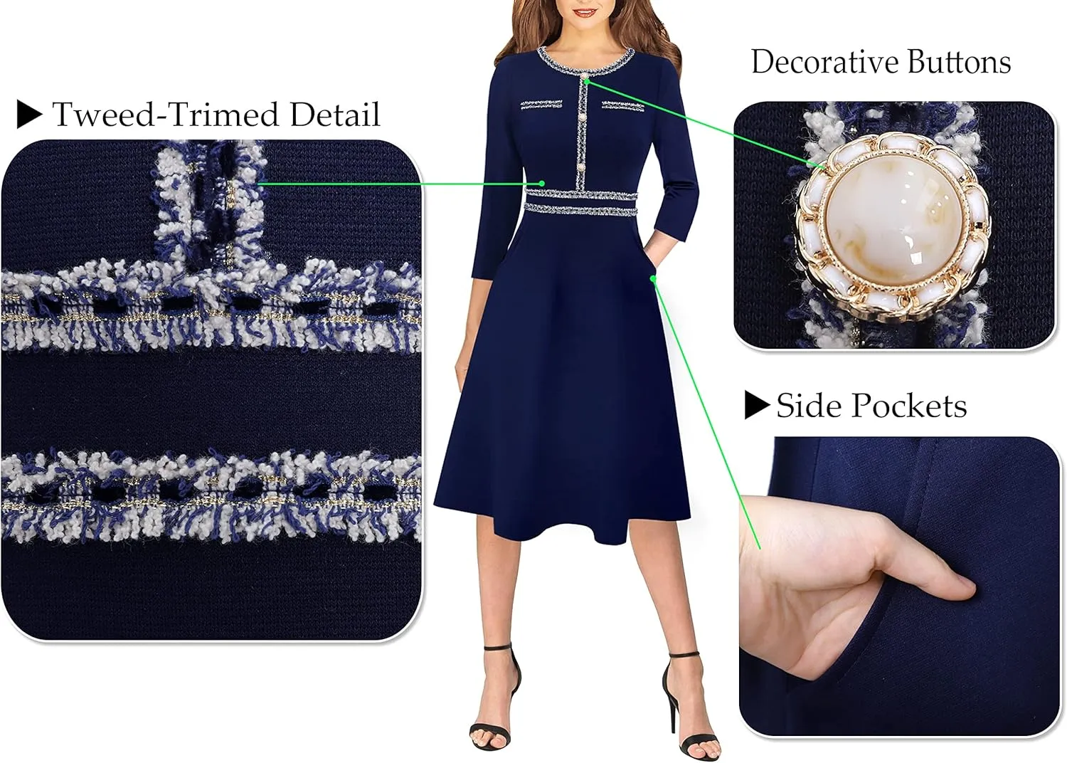 VFSHOW Womens Button Pockets Wear to Work Office Business Vintage Church Fit and Flare A Line Dress