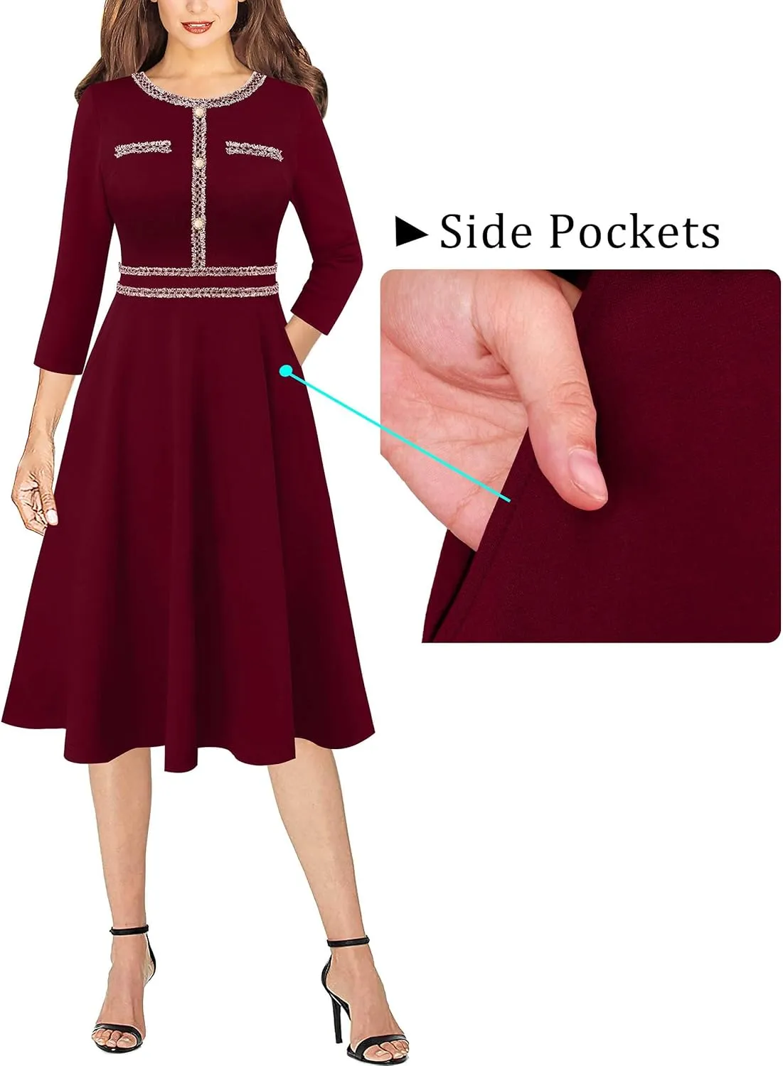 VFSHOW Womens Button Pockets Wear to Work Office Business Vintage Church Fit and Flare A Line Dress