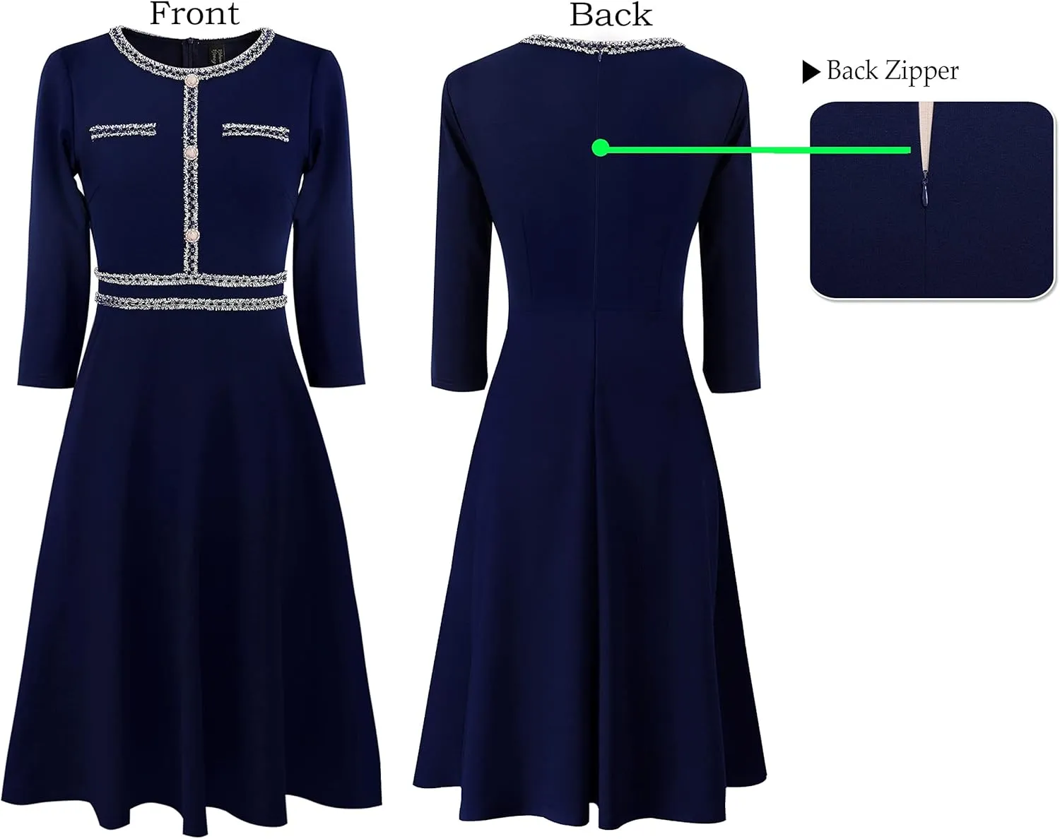 VFSHOW Womens Button Pockets Wear to Work Office Business Vintage Church Fit and Flare A Line Dress