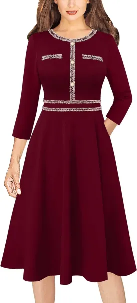 VFSHOW Womens Button Pockets Wear to Work Office Business Vintage Church Fit and Flare A Line Dress