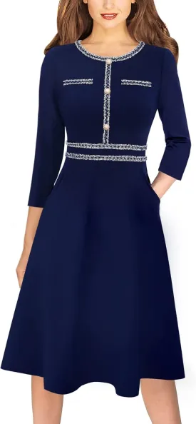 VFSHOW Womens Button Pockets Wear to Work Office Business Vintage Church Fit and Flare A Line Dress