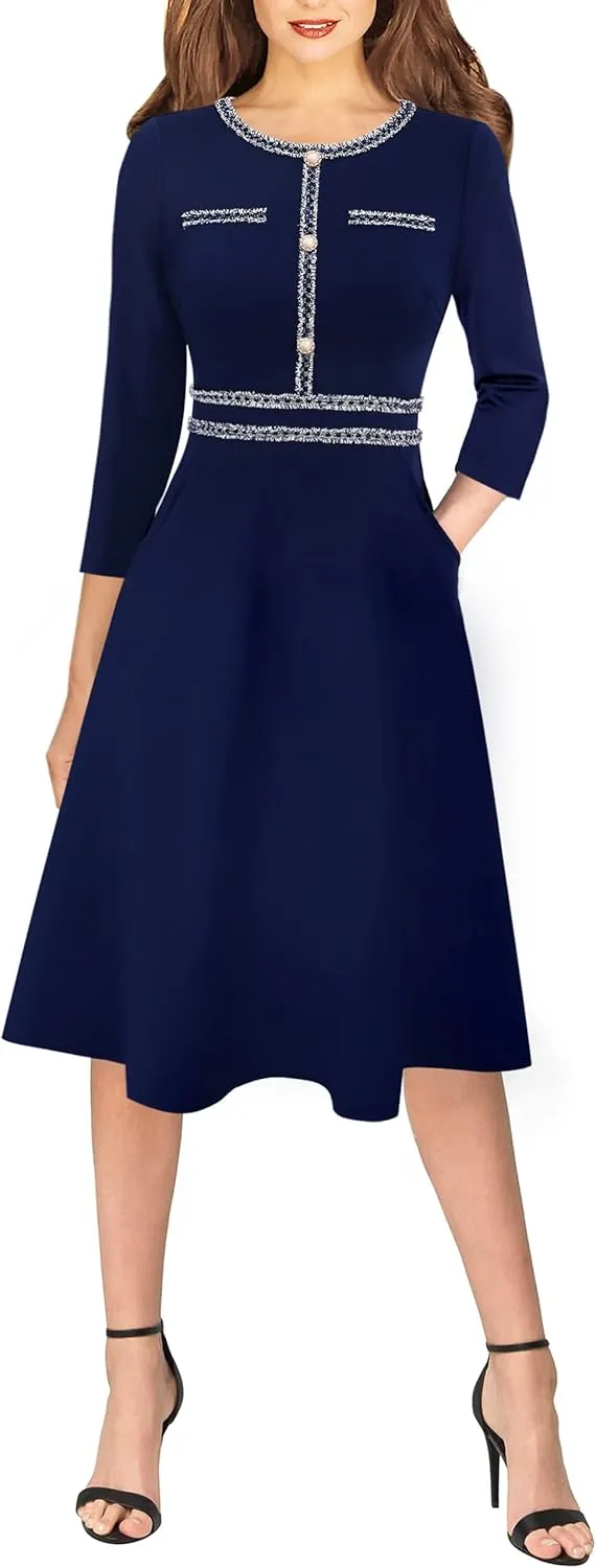 VFSHOW Womens Button Pockets Wear to Work Office Business Vintage Church Fit and Flare A Line Dress