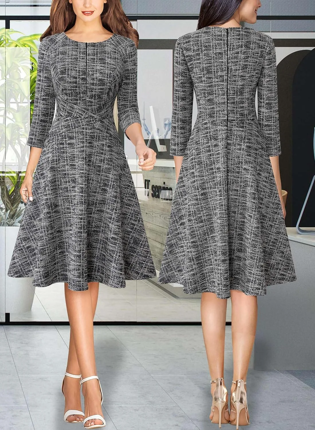 VFSHOW Womens Front Zipper Crisscross Waist Slim Wear to Work Business Office Fit and Flare A-Line Dress