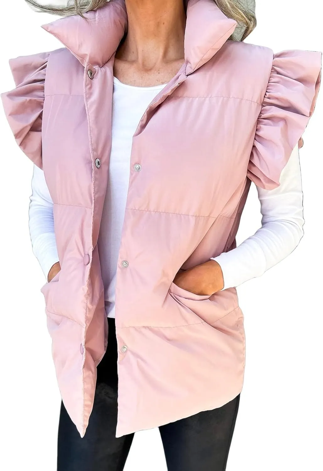 Women Puffer Vest Ruffle Sleeve Button Down Padded Quilted Puffy Jacket Padded Gilet Sleeveless Winter Coat Pockets
