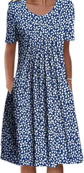 Women's Boho Dress Floral Print Short Sleeve T Shirt Dress 2025 Summer Casual Loose Swing Midi Dresses with Pockets
