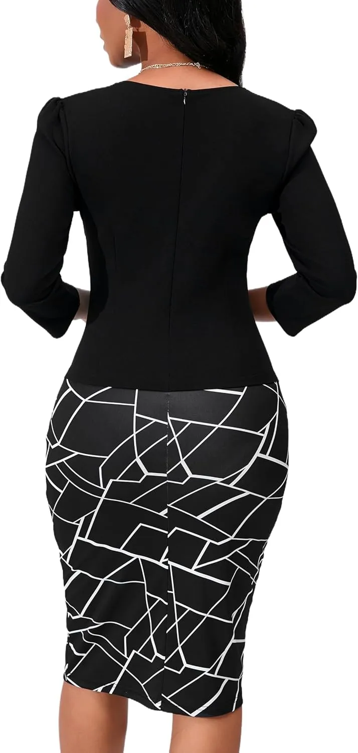 Yajedo Women's Reto Bodycon Midi Dresses 3/4 Sleeve Church Wear to Work Business Pencil Dress