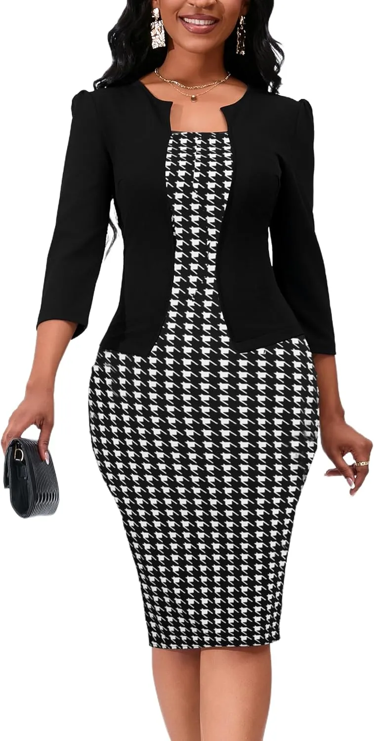 Yajedo Women's Reto Bodycon Midi Dresses 3/4 Sleeve Church Wear to Work Business Pencil Dress