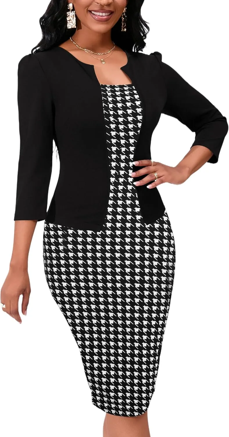 Yajedo Women's Reto Bodycon Midi Dresses 3/4 Sleeve Church Wear to Work Business Pencil Dress