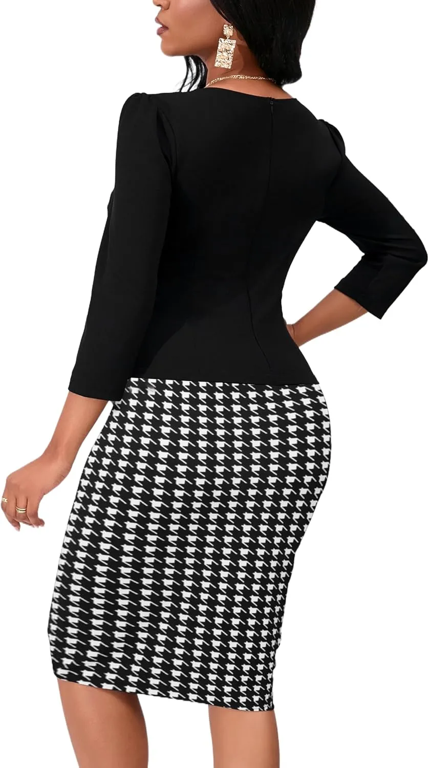 Yajedo Women's Reto Bodycon Midi Dresses 3/4 Sleeve Church Wear to Work Business Pencil Dress