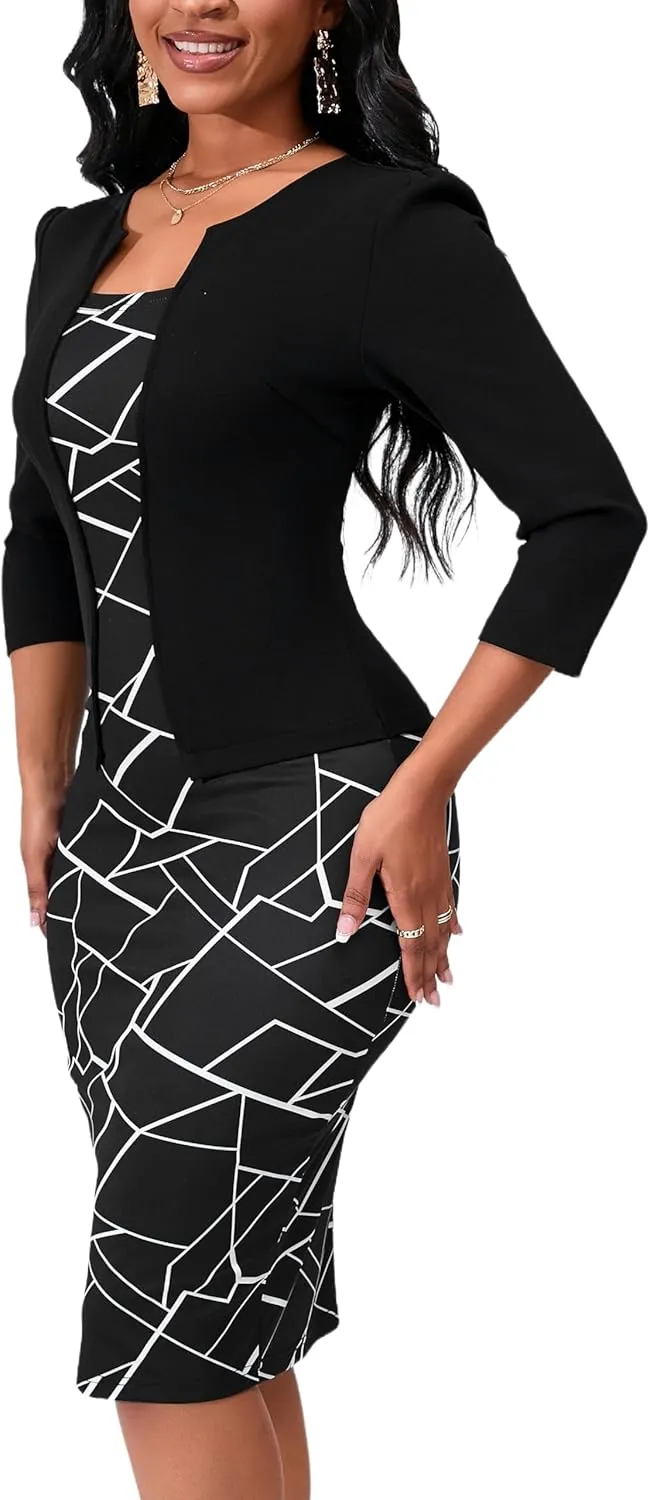 Yajedo Women's Reto Bodycon Midi Dresses 3/4 Sleeve Church Wear to Work Business Pencil Dress